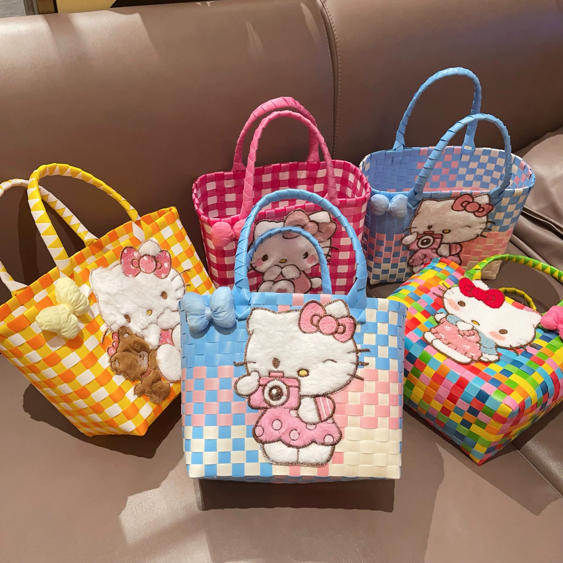 Cute Kitty Woven Bag Large Capacity DIY Vegetable Basket Beach Souvenir Handbag Hand-Held Gift Bag