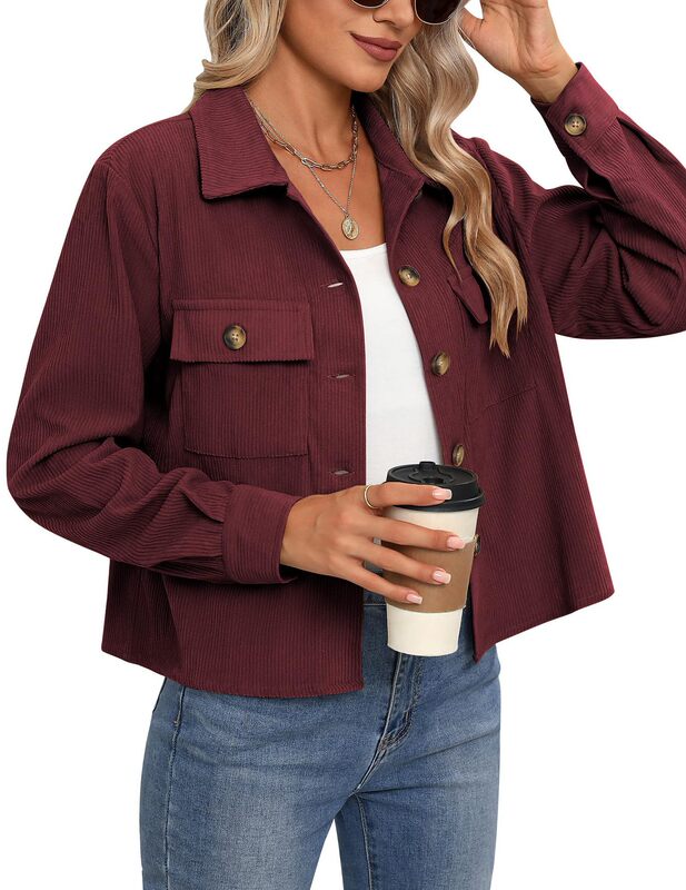 Amazon 2024 ホットスタイルヨーロッパとアメリカの女性のファッションカジュアルショートシャツコーデュロイボタンへそ出しジャケットトップ|undefined