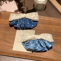 韩版牛仔布艺波点蝴蝶结发夹弹簧夹高级感蕾丝裙摆发饰发夹后脑勺