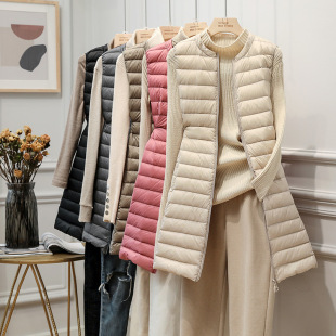 Cross-border Autumn and Winter New Women's Light Down Vest Women's Mid-length Round Neck Light Down Jacket Vest Slim-fit