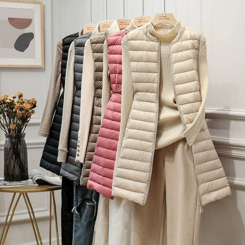 Трансграничный осенне-зимний новый женский легкий пуховик, Женский легкий пуховик средней длины с круглым вырезом, жилет, приталенный