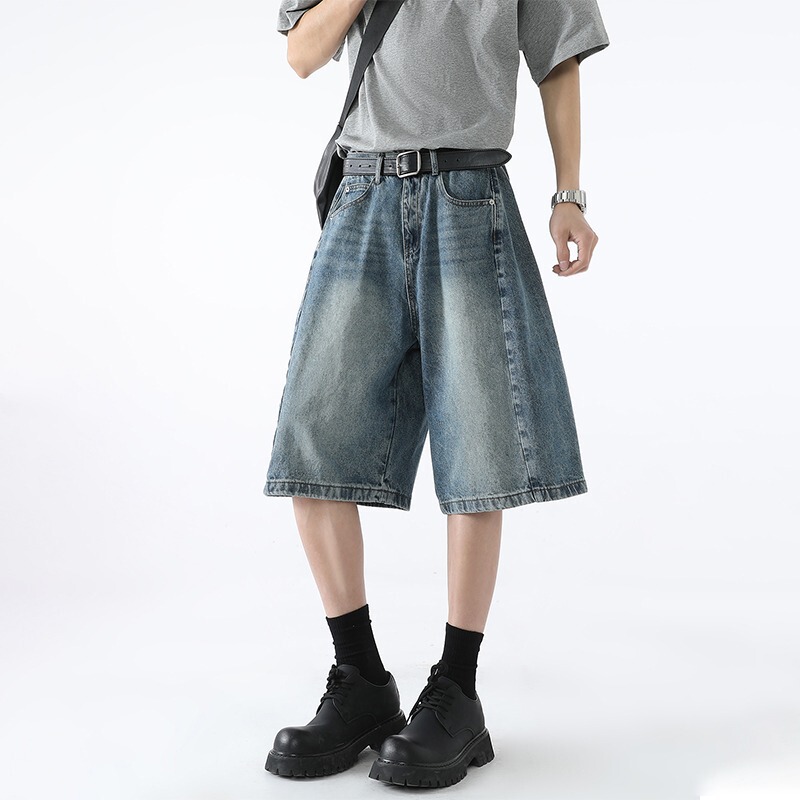 Summer Export Retro Silhouette Wide-Leg Denim Shorts for Men Cleanfit Trendy Brand Loose Casual Washed Five-Point Pants