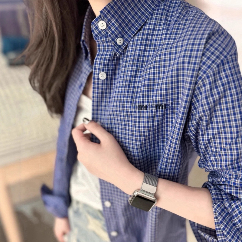 南油高定25秋季新款女装字母刺绣宝石蓝格纹衬衫宽松衬衣上衣|undefined