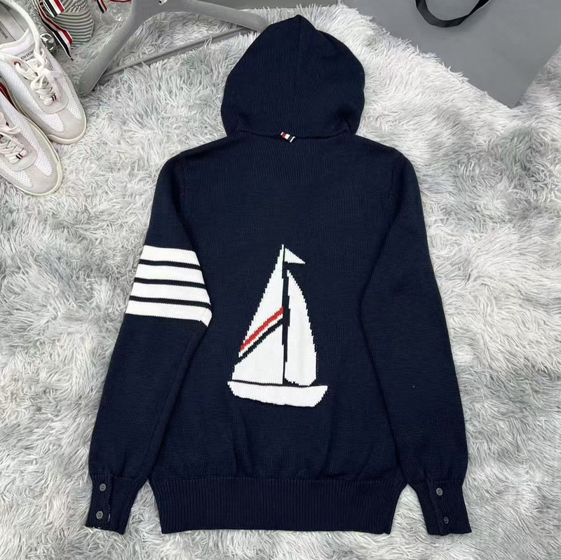 Factory Direct Sale Tb Jacket New Style with Sailboat Embroidery on the Back, Four-Bar Stripes, Unisex Zipper Hooded Knit Sweater