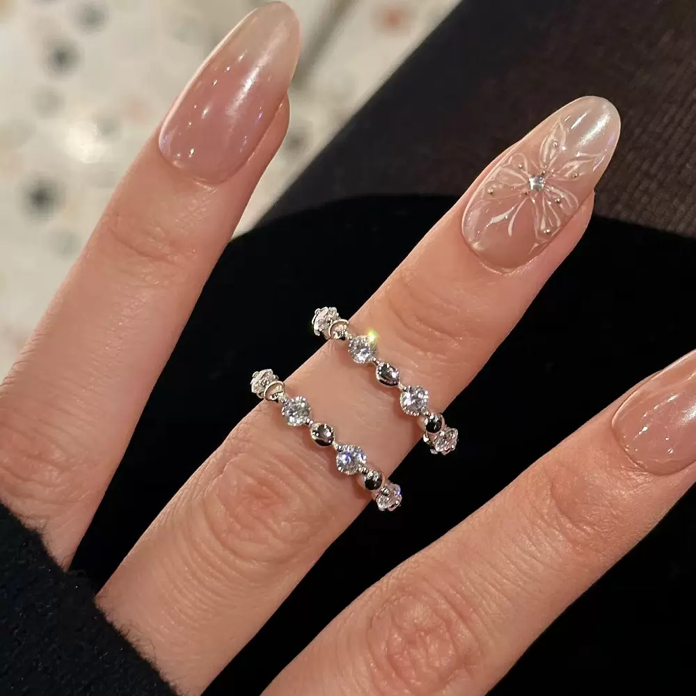 小红书莫桑石S925纯银圆珠排戒女简约小众手饰叠戴戒指时尚高级感