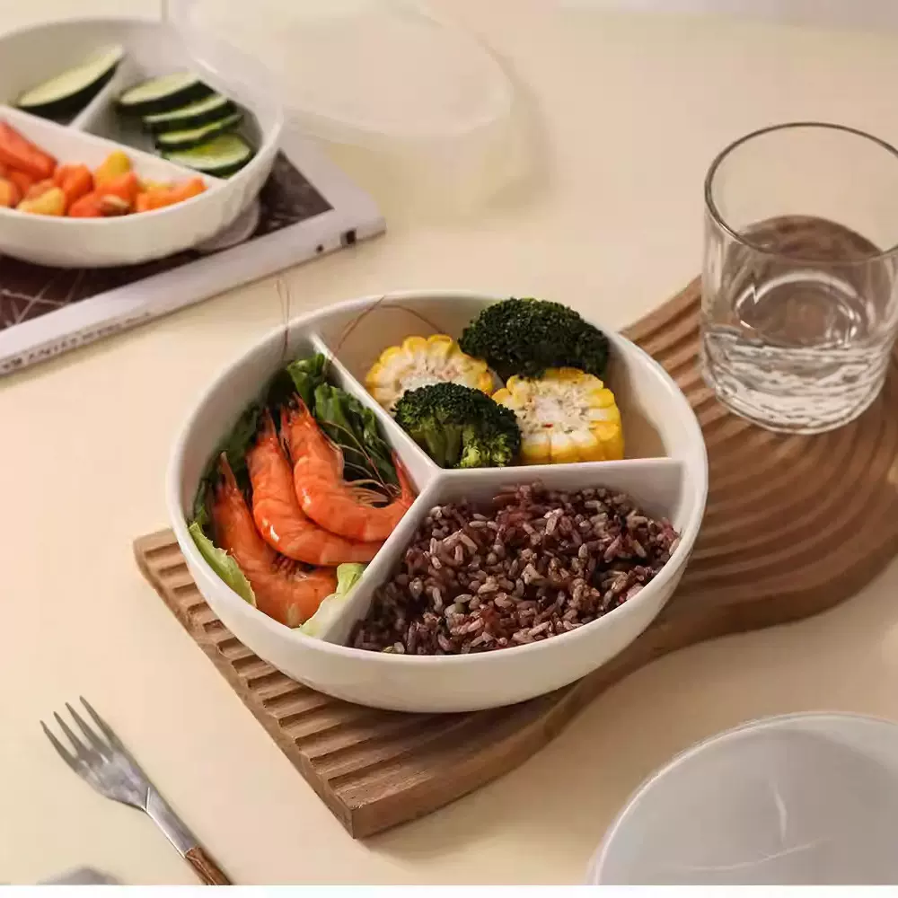 陶瓷食堂打饭专用三分格隔饭盒减脂肥餐盘盒上班族餐211饭碗带盖