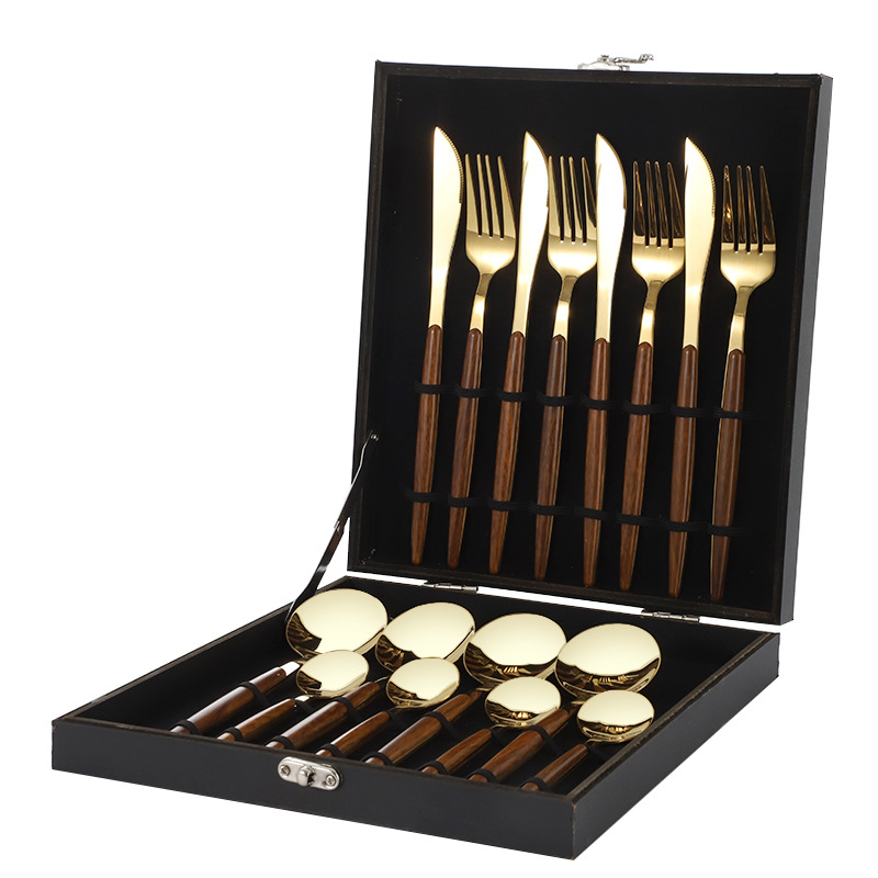 Mango de clip de grano de madera Cuchillo, tenedor y cuchara de acero inoxidable de estilo japonés Traje de vajilla occidental Cuchillo de carne de 16 piezas, tenedor y cuchara Juego de vajilla de 12 piezas