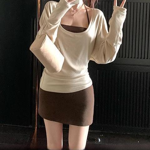 厂家直销纯欲套装秋季新款百搭长袖恤内搭吊带背心女包臀半身裙棉|undefined
