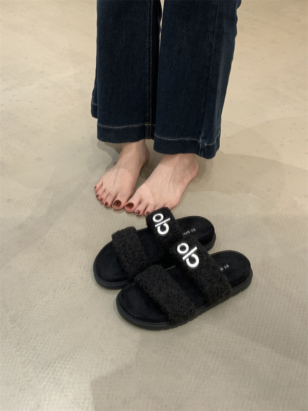 秋冬可爱毛绒拖鞋女双带字母装饰居家拖鞋防滑室内外穿拖鞋子|undefined
