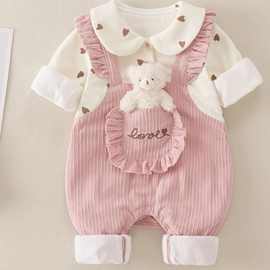 婴儿连体衣服秋款女宝宝假两件超萌可爱双层春秋哈衣外边爬服套装