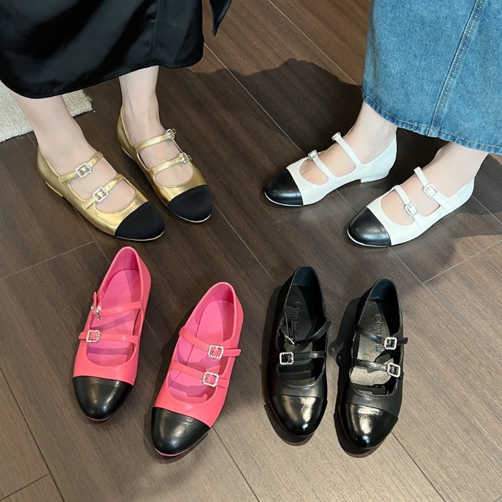 2023 primavera nueva punta redonda retro francés boca baja plana Mary Jane zapatos de las mujeres cuero genuino