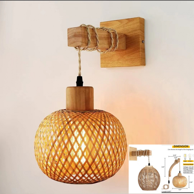 Vintage Japanese Bamboo Bedside Wall Lamp Restaurant Rattan Lamp Wooden Bedroom Farmhouse Country Indoor Background Wall Lamp
