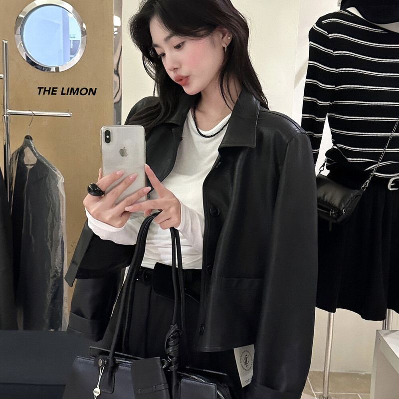 the limon柠檬绿茶2025秋季新款黑色翻领机车服皮夹克外套女皮衣|undefined