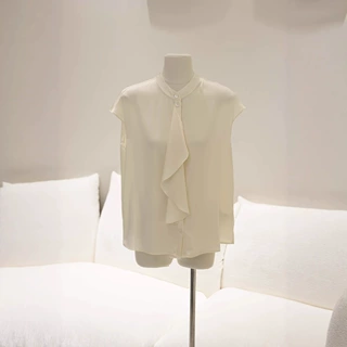 真丝衬衫女2026春夏新款桑蚕丝系带无袖简约衬衣修身圆领通勤上衣