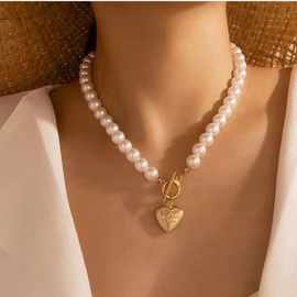 欧美时尚跨境饰品气质珍珠项链 个性百搭一字扣爱心颈链项饰女