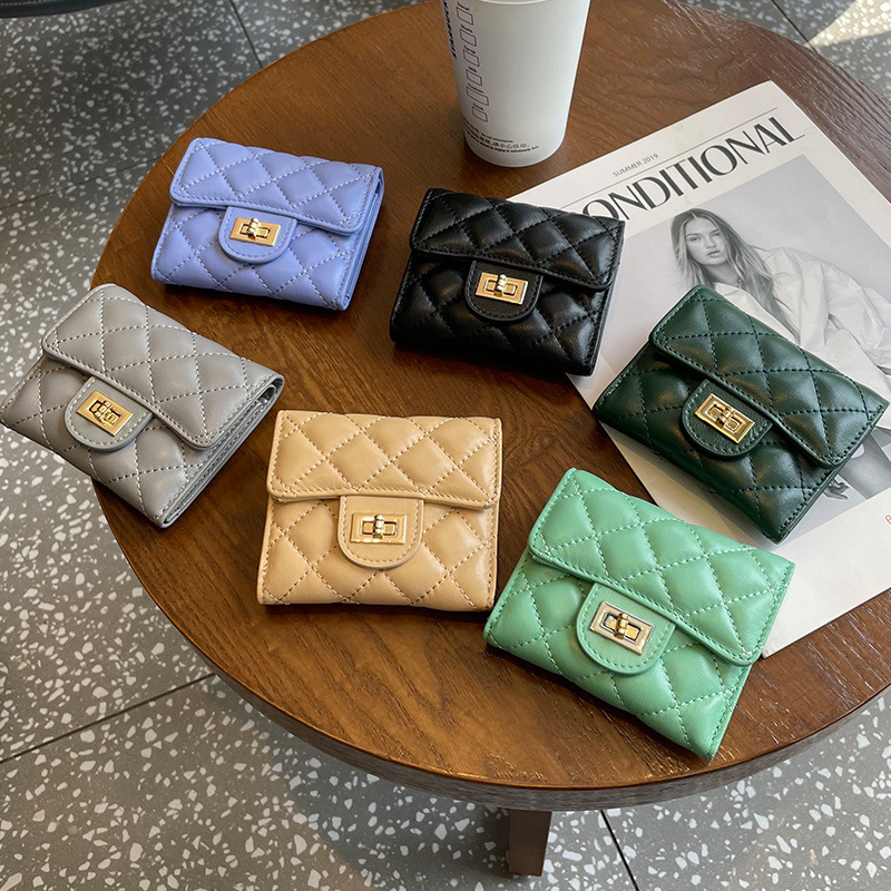 Genuine Leather Wallet Women's Short Three Folding Small Diamond Style Small Chanel Style Coin Purse Sheepskin Wallet Card Bag Wholesale