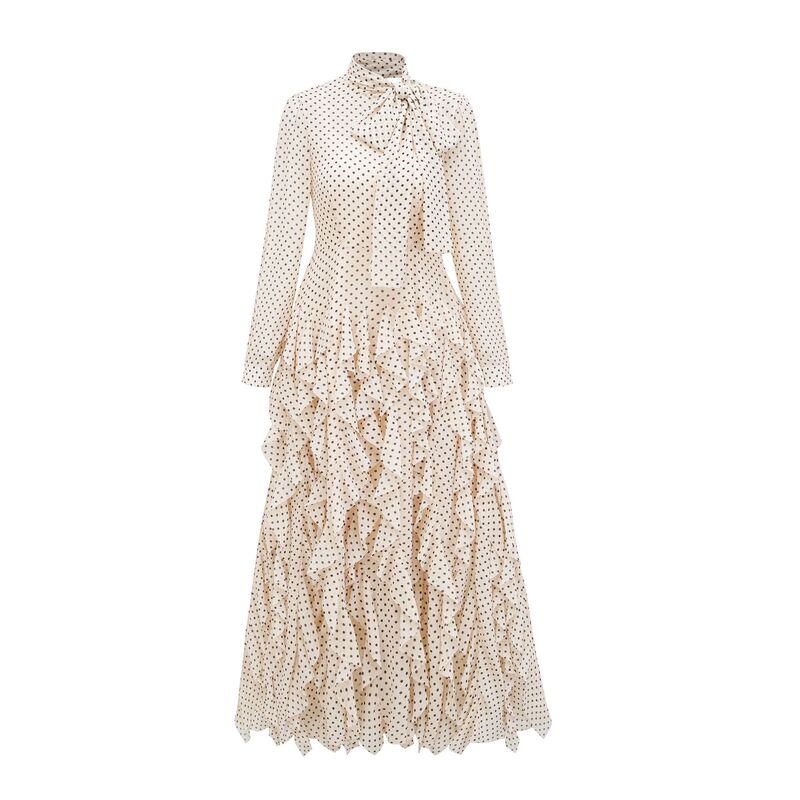 Cross-border European and American White-collar Commuter Temperament Long Dress Wave Dot Half-high Neck Long-sleeved dress Annual Party Banquet Dress