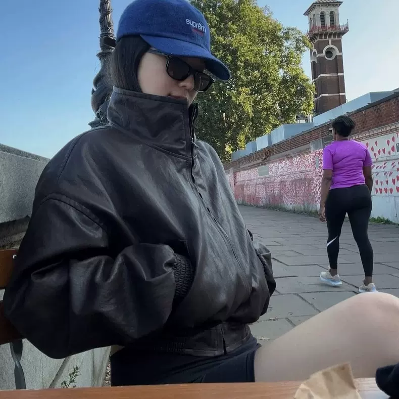 现货 2025秋季新韩国东大门g*d宽松机车风立领拉链短款皮衣外套女