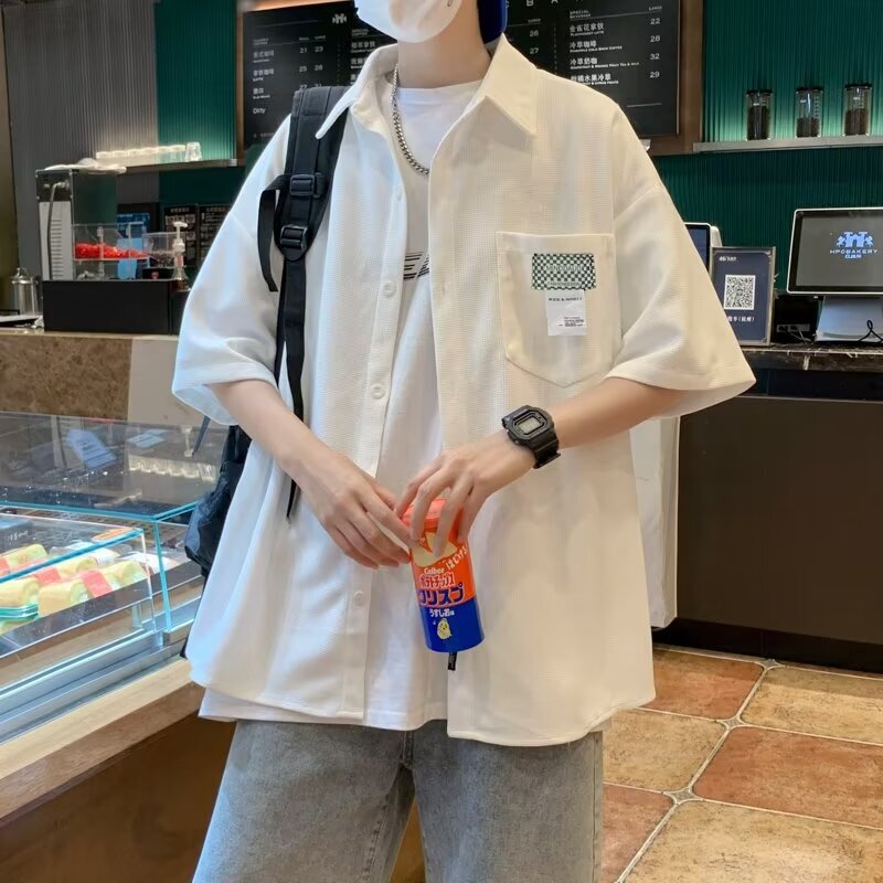 Summer Ins Trendy Waffle Short-Sleeve Shirt for Men, Japanese Style Simple Versatile Trendy Brand Oversized Shirt Jacket