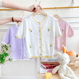 Girls' cardigan sweater 2023 spring and summer Western style children's knitted hollow cotton cardigan lightweight breathable air conditioning shirt
