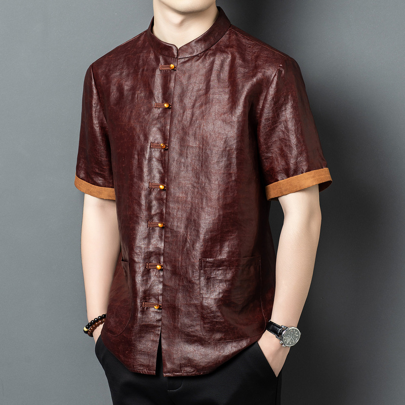 Men's Genuine Leather Short-Sleeved Shirt, Summer New Style, Chinese-Style Stand-Up Collar Leather Jacket, Men's Retro Trendy Thin Top