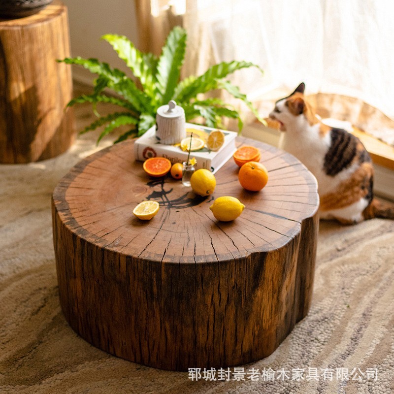 侘寂风圆桌老榆木民宿酒店圆形茶几木墩座凳子家用客厅阳台喝茶桌|undefined