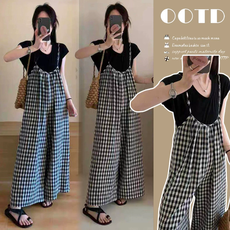 Фотографии обработаны 2024 летние новые беременные ретро клетчатые широкие брюки + V-образный топ набор из двух частей