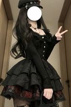 法式赫本风公主酷辣风长袖开衫红黑格蓬蓬连衣裙两件套拼接印染