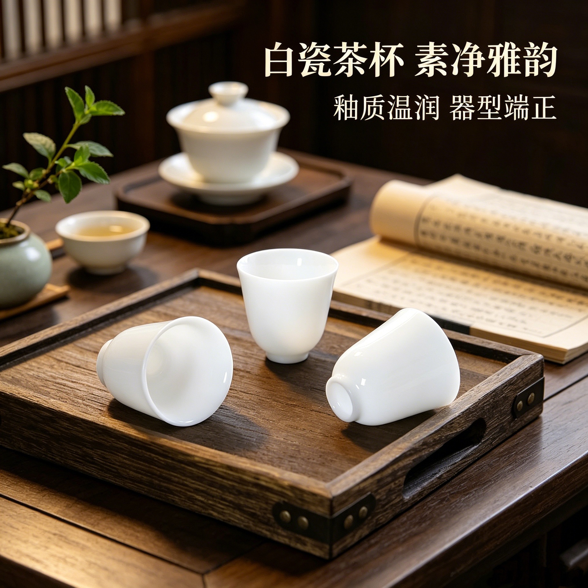 더화빙종옥자기 고급 차컵, 백자 중국식 주인컵, 차 세트, 싱글컵, 티컵, 백자 손님컵