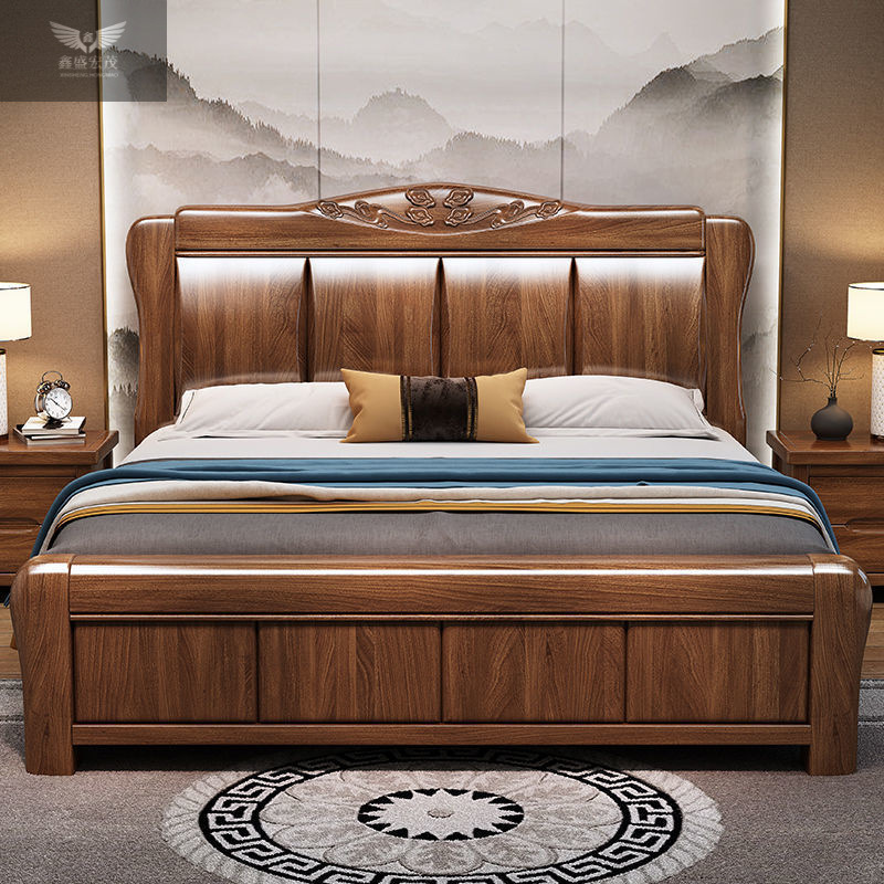 Nuevo estilo chino cama doble queen dormitorio principal 1.5m almacenamiento económico moderno simple cama de matrimonio cama de madera sólida de nuez 1.8m