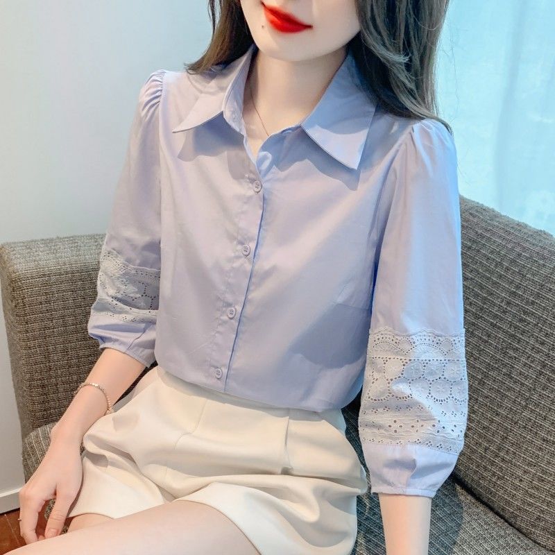 2025 봄과 여름 새로운 여성 퍼프 슬리브 코튼 셔츠 여성 느슨한 배꼽 덮는 7부 소매 탑 유행