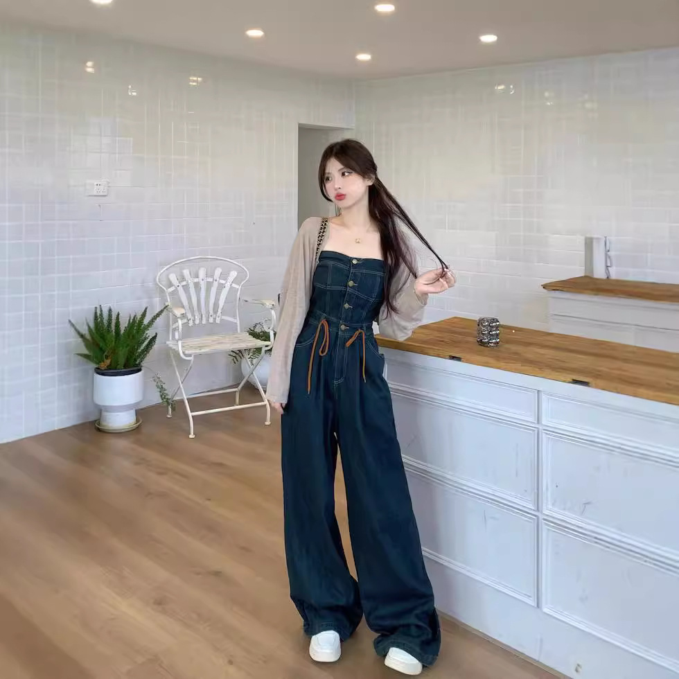 South Korea Dongdaemun Anti-wrinkle Korean Style Retro dark blue New Strapless Casual Straight Drawstring Tight Waist-fit Jeans