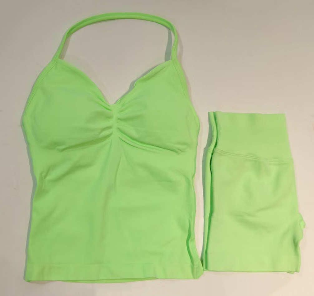 Conjunto DF Amazon pantalones cortos explosivos sujetador pequeño alto elástico superfino nailon halter cuello hermoso chaleco deportivo trasero
