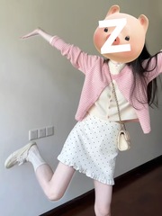 2025粉色条纹假两件针织衫女早秋季氛围感短款开衫毛衣外套感上衣