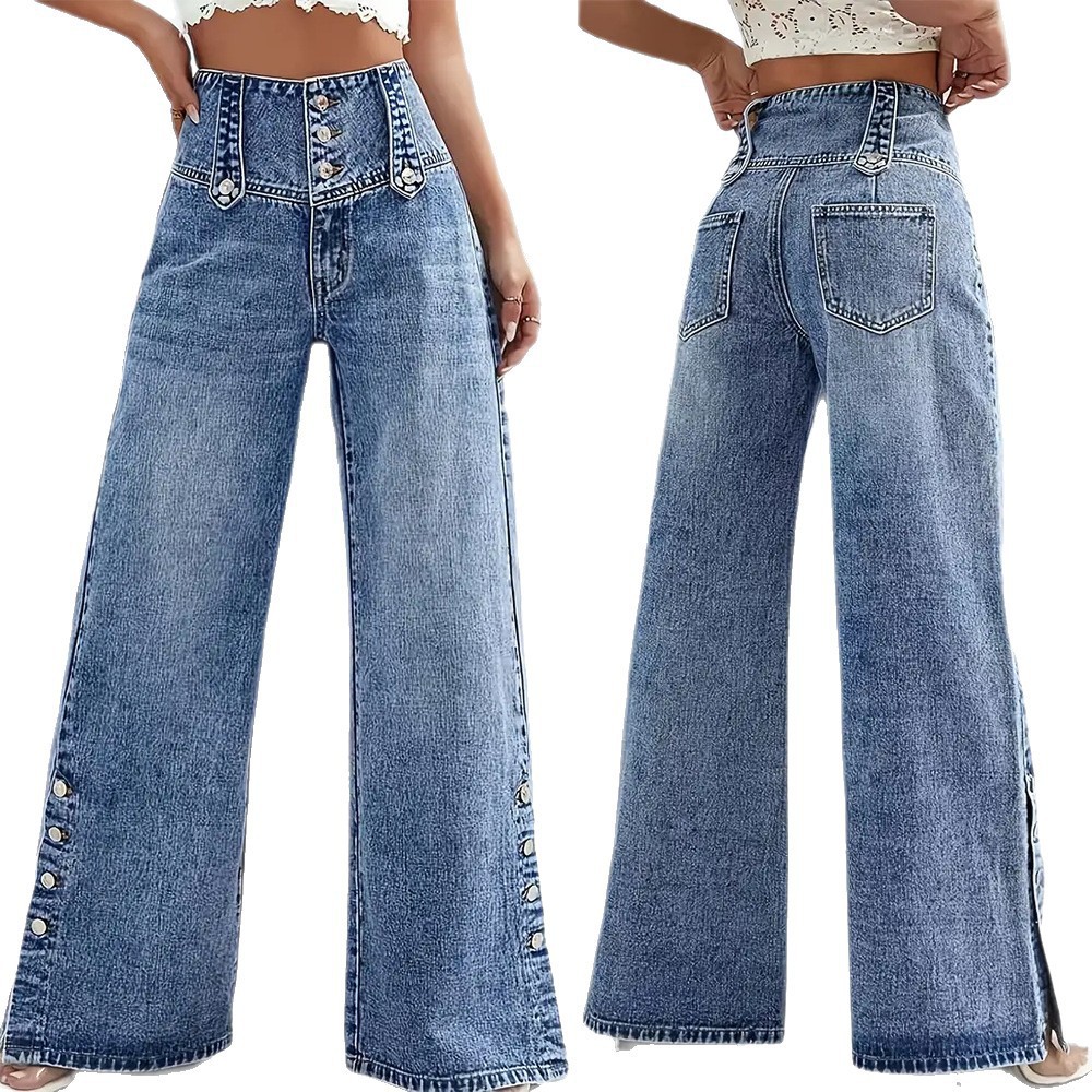 Jeans de Pierna Ancha de Mezclilla de Algodón con Tiro Alto y Apertura para Moda Urbana