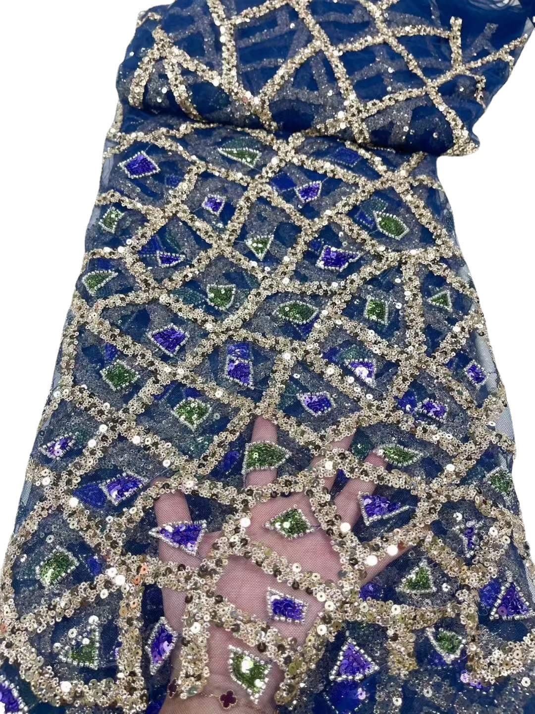 Tela de bordado de alta resistencia bordado lentejuelas cuentas hechas a mano malla bordado tela de alta gama vestido de novia tela JX2821 image 6