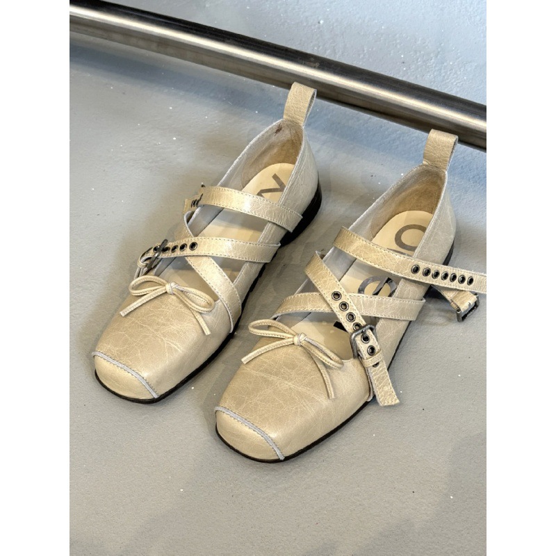 Versión de piel de oveja ~ nariz de cerdo, zapatos de ballet retrógrados nuevos zapatos de mujer de botón francés poco profundo