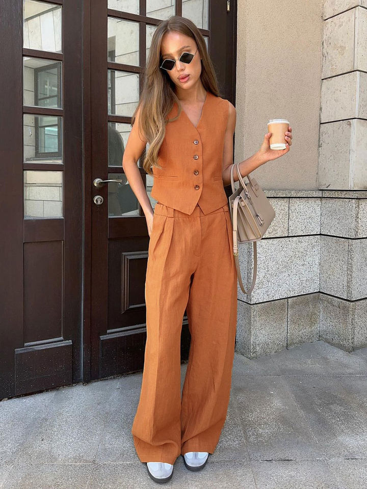 Bộ vest nữ hai mảnh áo vest không tay kèm quần cạp thấp phong cách hiện đại — Kaki, Màu cam, Màu đen chi tiết 21