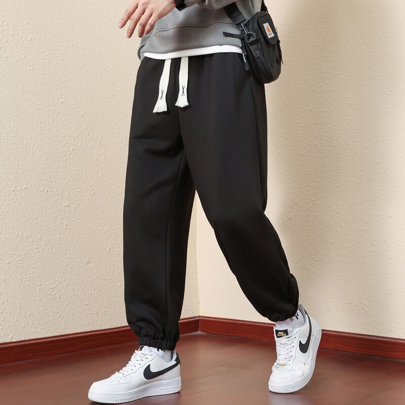 Men's Autumn and Winter Sports Casual Pants, Solid Color Versatile Loose Straight-Leg Men's Trousers with Drawstring Elastic Waist Sweatpants, Standard Version