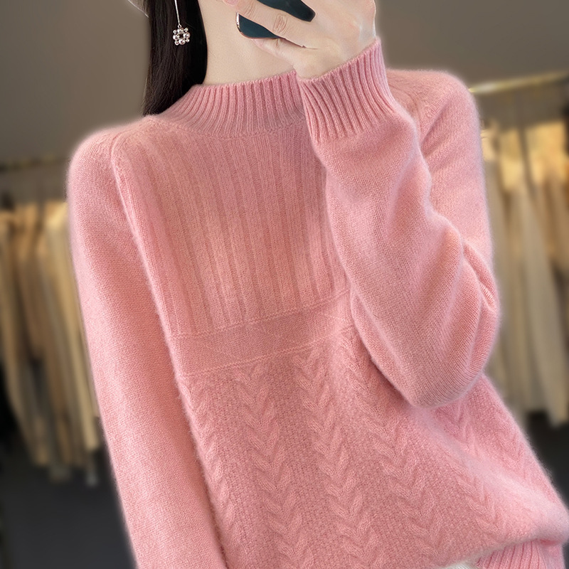 2025 Autumn and Winter New Style Knitwear Outerwear for Women, Half-High Collar Jacquard Ribbed Pullover Sweater, Women's Top