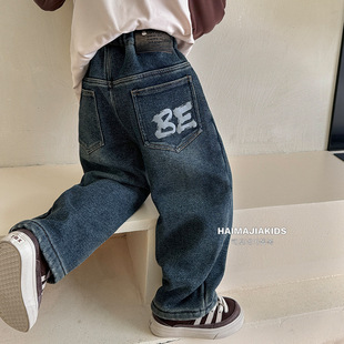 Boys' fleece pants jeans children's pants autumn and winter children's pants 2024 new children's clothing winter boy pants