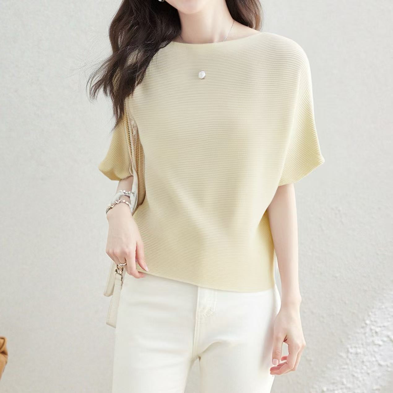 Korean Style Summer New Batwing T-Shirt for Women, Fashionable Versatile Hot Girl Knitted Short Sleeve Thin Top Knitwear