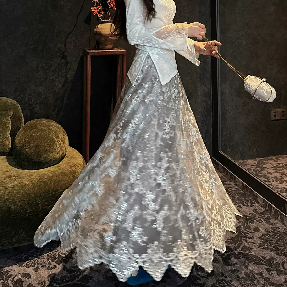 【扶光】新中式珠片刺绣丝绒冬季半身裙2025新款蕾丝网纱国风长裙