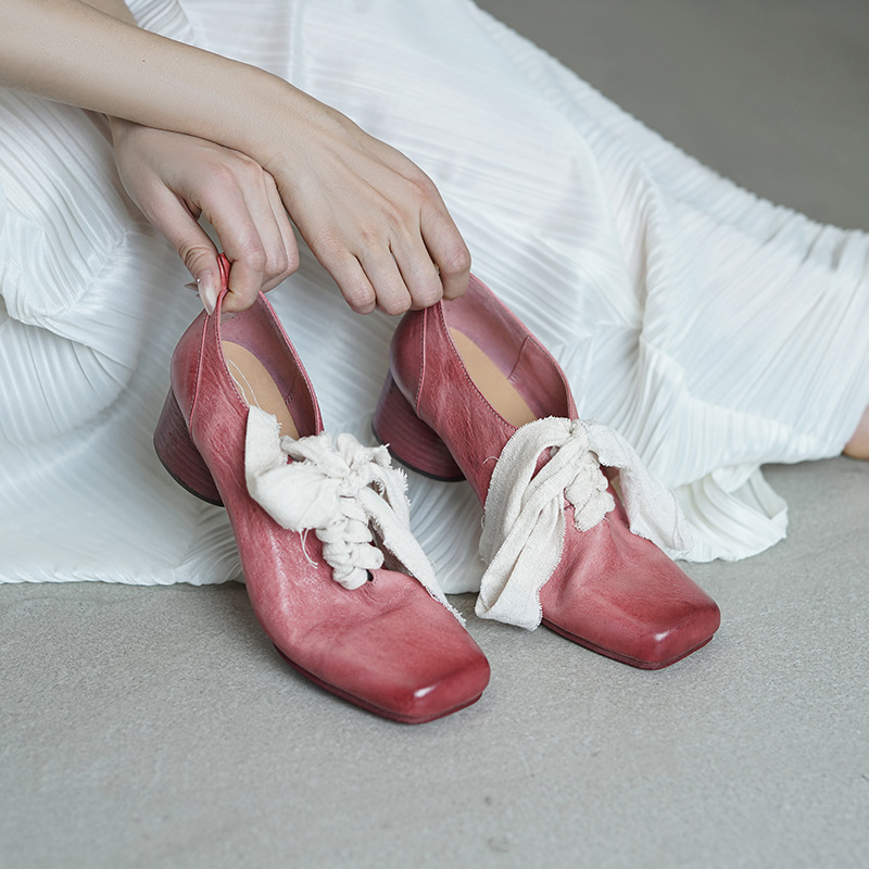 Genuine Leather Outsole 2025 Spring and Autum Thick Heel Genuine Leather Flats Horsehide Ballet Dance Shoes Blue Pink Black