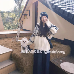 秋冬新款法式复古费尔岛提花连帽针织开衫女宽松慵懒休闲加厚外套