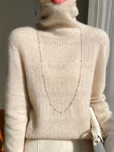 Women's V-neck Wool Knit Sweater, Seamless High Collar Cashmere Knit Top, Premium Style