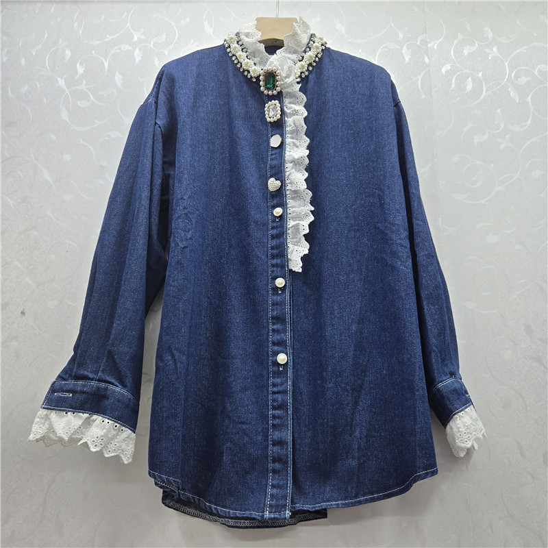 High-End Heavy-Duty Beaded Lace Splicing Contrasting Color Diamond Button Denim Shirt for Women Spring & Fall European and American New Loose Tops