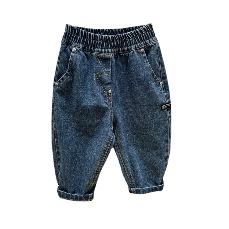 Korejske otroške oblačila, jesenske temno modre kavbojke 2024, ohlapne enobarvne očetovske priložnostne jeans hlače za fantke in deklice_voghion.com