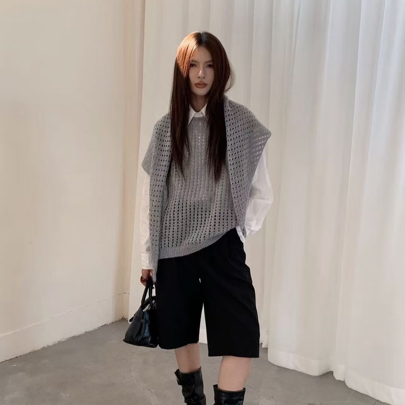 2025早秋新款韩系显瘦镂空针织衫女设计感小众宽松无袖坎肩马甲|undefined