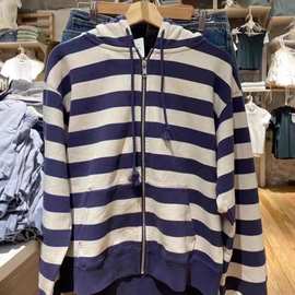 BM风新款拼色条纹拉链连帽开衫女百搭休闲时尚卫衣长袖外套上衣